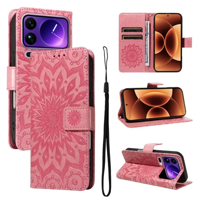 For Xiaomi 17 Pro Max Leather Wallet Case Sunflower Imprinted Phone Cover - Pink
