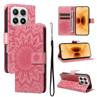 For Xiaomi 17 Leather Wallet Case Sunflower Imprinted Phone Cover - Pink
