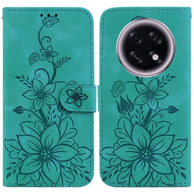 For Oppo F31 Pro+ 5G  /  A6 GT 5G Stand Case Lily Flower Imprint Leather Phone Cover with Wrist Strap - Green