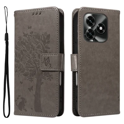 Etui na Honor X5c Plus 4G z funkcją podpórki, wzór kota i drzewa, skórzane etui portfelowe na telefon - Szary