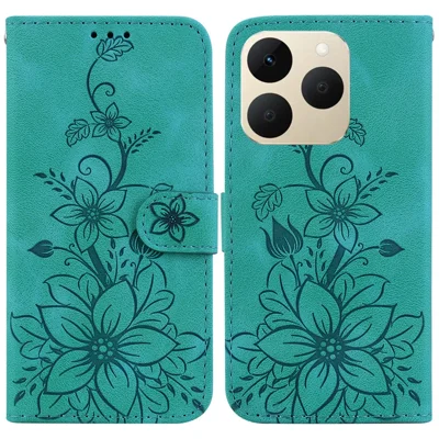 For Realme 15T 5G Stand Case Lily Flower Imprint Leather Phone Cover with Wrist Strap - Green