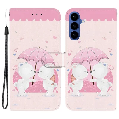 Samsung Galaxy S26 Hülle Muster Bedrucken Leder Flip Brieftasche Handyhülle mit Schlüsselband - Cartoon Paar Bär