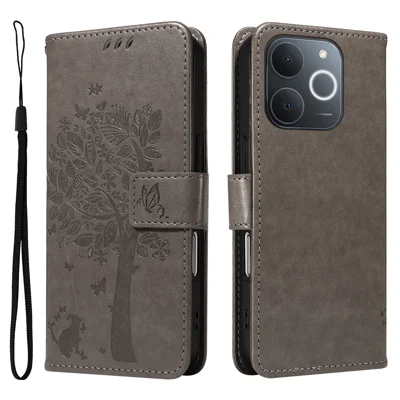 For Realme Narzo 80 Lite 4G / Realme Note 70 4G / Realme Note 70T 4G / Realme C71 4G (India) Phone Case with Stand Cat Tree Pattern Leather Wallet Mobile Cover - Grey