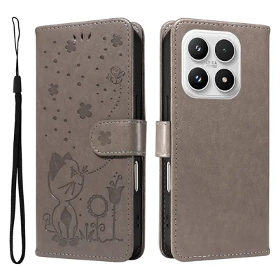 For Xiaomi 17 Leather Wallet Case Cat Bee Pattern Phone Cover Stand - Grey