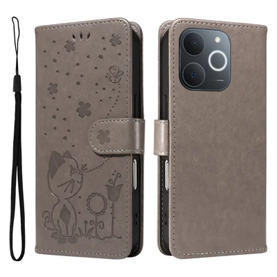 For Realme Narzo 80 Lite 4G / Realme Note 70 4G / Realme Note 70T 4G / Realme C71 4G (India) Leather Wallet Case Cat Bee Pattern Phone Cover Stand - Grey