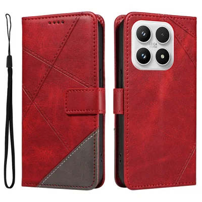 For Xiaomi 17 Leather Case Geometric Line Design Wallet Phone Cover with Wrist Strap - Red
