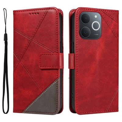 For Realme Narzo 80 Lite 4G / Realme Note 70 4G / Realme Note 70T 4G / Realme C71 4G (India) Leather Case Geometric Line Design Wallet Phone Cover with Wrist Strap - Red
