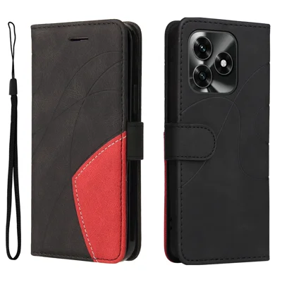 For Honor X5c Plus 4G Leather Phone Case Stand Wallet with Bi-colour Splicing Design - Black