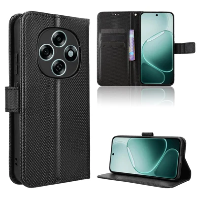 For Oppo F31 Pro 5G Leather Wallet Case with Strap Diamond Texture Phone Cover - Black