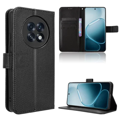 For Oppo A6 Max 5G / Oppo A6 GT 5G / Oppo F31 Pro+ 5G Leather Wallet Case with Strap Diamond Texture Phone Cover - Black
