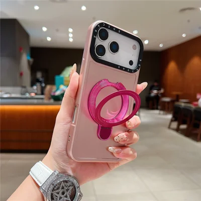 Capa Magnética para iPhone 17 Pro Max Kickstand Preta Moldura da Lente Acabamento em Pintura de Metal PC TPU Capa Traseira do Telefone - Ouro Rosa