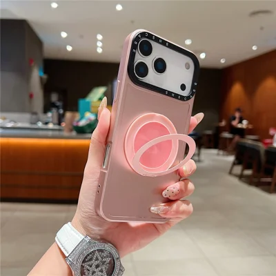 Capa Magnética para iPhone 17 Pro Max com Suporte Giratório, Moldura Preta para Lente, Acabamento em Pintura Metálica PC TPU - Rose Gold