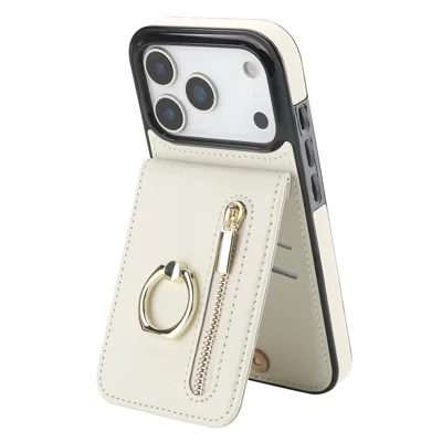 For iPhone 17 Pro Max Case Zipper RFID Blocking Retro Leather + TPU Phone Cover with Kickstand - White