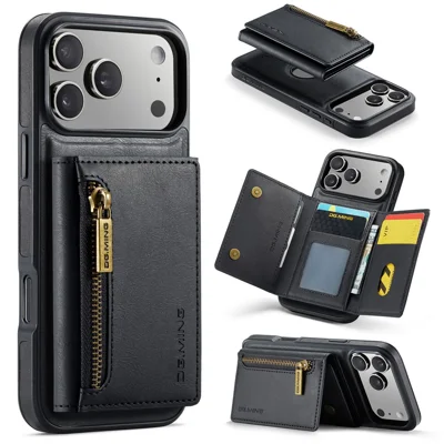 Capa DG.MING M5 Series para iPhone 17 Pro Max Couro Magnético Destacável com Slots para Cartão - Preto