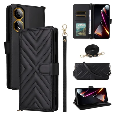 For ZTE nubia Neo 2 5G Case with Shoulder / Wrist Strap Leather Phone Cover Stand Wallet - Black