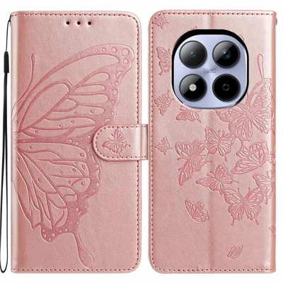Voor Xiaomi Redmi Note 15 Pro 5G Hoesje Vlinder Afdruk Portemonnee Staande PU Leren Flip Hoesje met Bandje - Rosé Goud