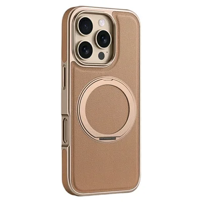 iPhone 16 Pro Max Magnetische Hülle mit rotierendem Ständer Leder + PC + TPU Galvanisierung Handyhülle - Wüstengold