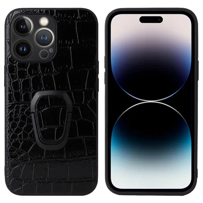For iPhone 14 Pro Max PU Leather Coated PC+TPU Hybrid Case Kickstand Shockproof Protective Phone Cover - Crocodile Texture