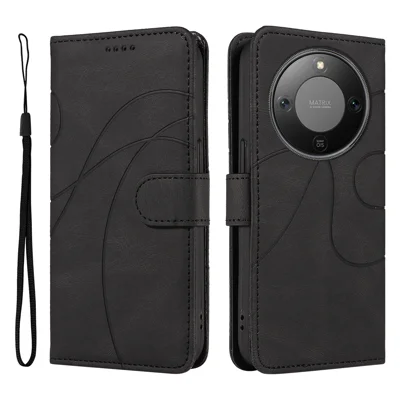 For Honor Magic8 Lite 5G / X9d 5G / X70 5G Wallet Case Leather Phone Cover Stand with Curved Line Design - Black