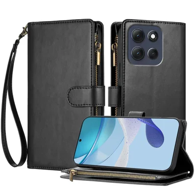 For Motorola Moto G (2026) 5G Leather Case Zipper Wallet Stand Shockproof Phone Cover with Wrist Strap - Black