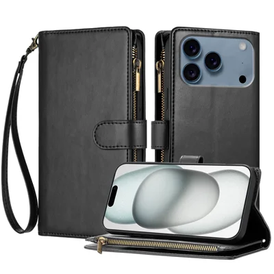 Leer hoesje voor iPhone 17 Pro Max met portemonnee, standaard, beschermhoes met rits en polsbandje - Zwart