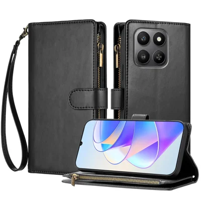 Voor Honor 400 Smart 4G / Honor X7d 4G / Honor X7d 5G / Honor 400 Smart 5G Lederen Hoesje met Rits Portemonnee Stand Stootvaste Telefoonhoes met Polsbandje - Zwart
