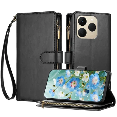 For Realme 15T 5G Leather Case Zipper Wallet Stand Shockproof Phone Cover with Wrist Strap - Black