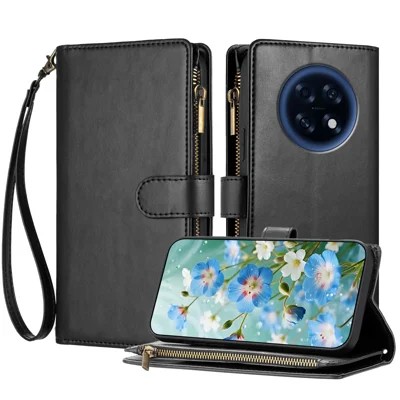 For Oppo F31 Pro+ 5G / Oppo A6 GT 5G Leather Case Zipper Wallet Stand Shockproof Phone Cover with Wrist Strap - Black