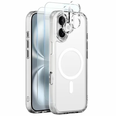 مجموعة NORTHJO 5 في 1 لهاتف iPhone 16 Plus، غطاء مغناطيسي من البولي كربونات + غطاء هاتف من مادة TPU مع واقي شاشة أمامي 2 + فيلم عدسة 2