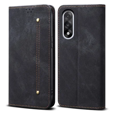 For OnePlus Nord 5 5G / Ace 5 Ultra 5G Case Jeans Cloth Texture Anti-Scratch Leather Stand Phone Cover - Black