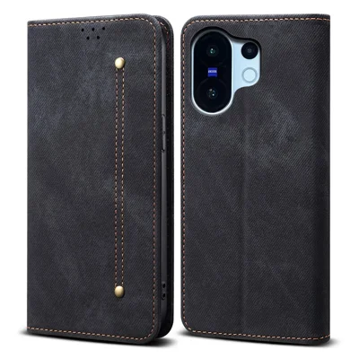 For vivo X200 FE 5G Case Jeans Cloth Texture Anti-Scratch Leather Stand Phone Cover - Black