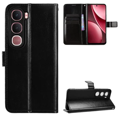 For vivo Y21d / vivo Y31 5G PU Leather Case with Strap Crazy Horse Texture Phone Wallet Cover - Black