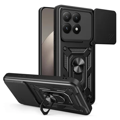 For Xiaomi 15T Case with Slide Camera Lid PC + TPU Kickstand Phone Cover - Black