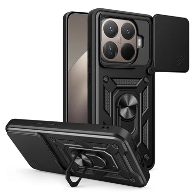 For Xiaomi 15T Pro Case with Slide Camera Lid PC + TPU Kickstand Phone Cover - Black