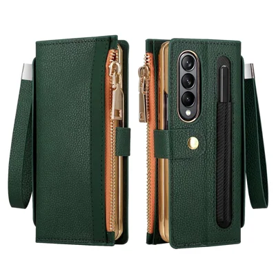For Samsung Galaxy Z Fold4 5G RFID Blocking PU Leather Zipper Wallet Phone Case Button Closure Stand Cover with Grip Strap and Wrist Strap - Green