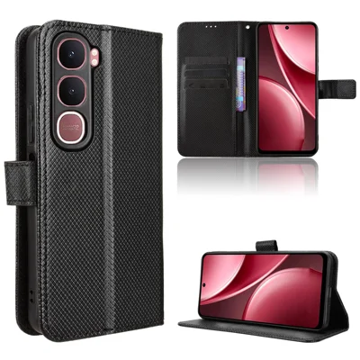 For vivo Y21d / vivo Y31 5G Leather Wallet Case with Strap Diamond Texture Phone Cover - Black