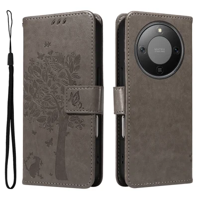 For Honor Magic8 Lite 5G / X9d 5G / X70 5G Phone Case with Stand Cat Tree Pattern Leather Wallet Mobile Cover - Grey
