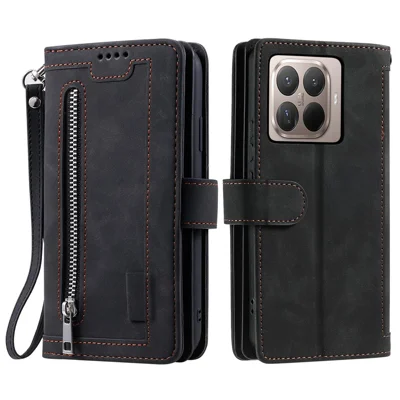 For Xiaomi 15T Pro Case 9 Card Slots Zipper Wallet PU Leather Phone Cover with Wrist Strap - Black