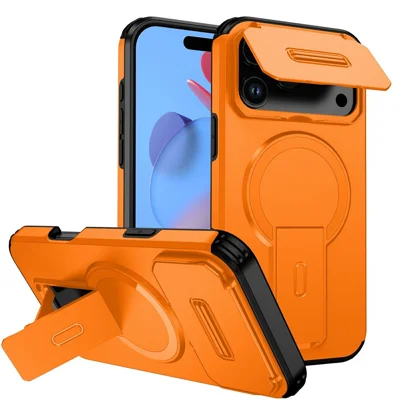 Bulk Purchasing For iPhone 18 Pro / 17 Pro Magnetic Phone Case PC + TPU Cover with Hidden Kickstand and Sliding Camera Cover - Orange