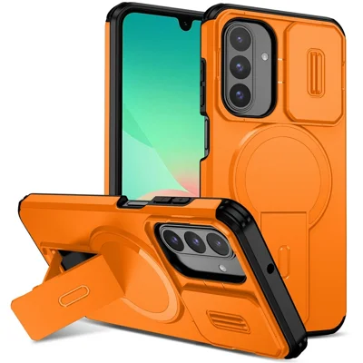 Bulk Purchasing For Samsung Galaxy A18 4G / A18 5G / A17 4G / A17 5G / A26 5G Magnetic Phone Case PC + TPU Cover with Hidden Kickstand and Sliding Camera Cover - Orange