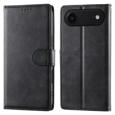 iPhone Air Case Stand Wallet Kalbleder-Textur PU-Leder Flip Handyhülle mit Handgelenkschlaufe - Schwarz