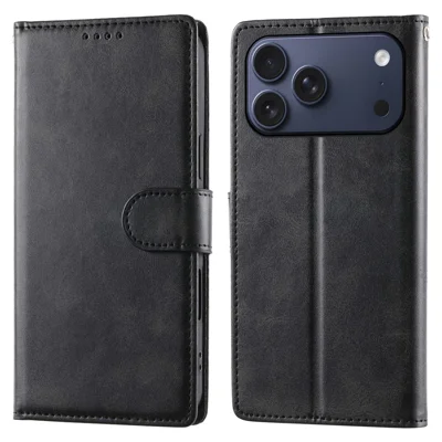 Per iPhone 17 Pro Max Custodia Stand Portafoglio Texture Pelle di Vitello PU Flip Phone Cover con Cinturino da Polso - Nero