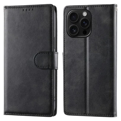 For iPhone 16 Pro Max Case Stand Wallet Calf Texture PU Leather Flip Phone Cover with Wrist Strap - Black