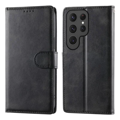 Samsung Galaxy S25 Ultra Hoesje Standaard Portemonnee Kalfsstructuur PU Leren Flip Hoes met Polsbandje - Zwart