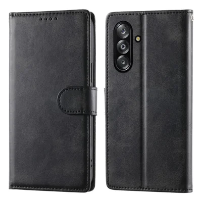 Wallet Case For Samsung Galaxy A18 5G / A18 4G / A17 5G / A17 4G / A26 5G / A16 5G / A16 4G Calf Texture PU Leather Flip Phone Cover with Wrist Strap - Black