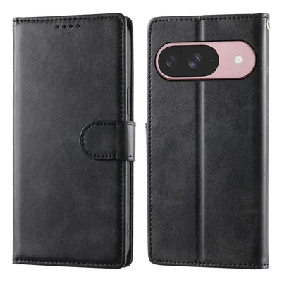For Google Pixel 9 Pro  /  Pixel 9 Case Stand Wallet Calf Texture PU Leather Flip Phone Cover with Wrist Strap - Black