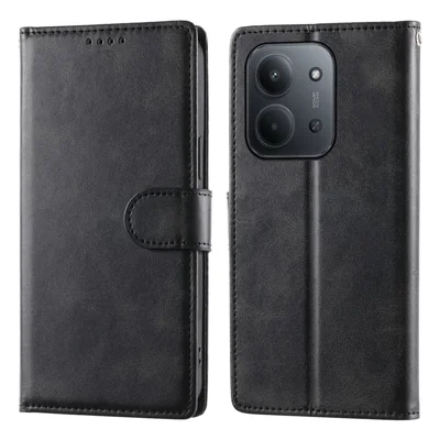 Wallet Case For Xiaomi Redmi 15C 5G (EU) (173mm)  /  4G (EU) (173mm)  /  Poco C85 4G (173mm) Calf Texture Leather Phone Cover with Wrist Strap - Black