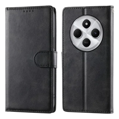 For Xiaomi Redmi 17C 4G / 14C 4G Case Stand Wallet Calf Texture PU Leather Flip Phone Cover with Wrist Strap - Black