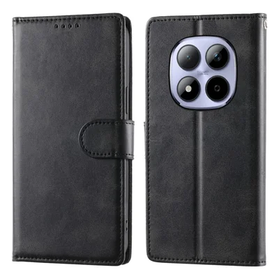 Fliphoes met stand en portemonnee voor Xiaomi Redmi Note 15 Pro 5G, kalfsstructuur PU-leer met polsbandje - Zwart
