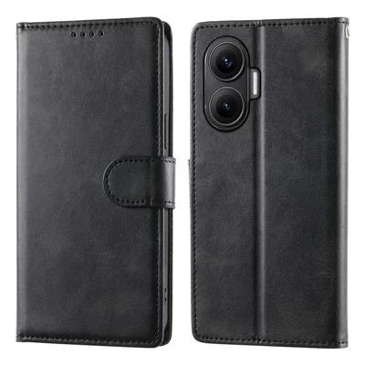 For Xiaomi Redmi Turbo 4 Pro 5G  /  Poco F7 5G Case Stand Wallet Calf Texture PU Leather Flip Phone Cover with Wrist Strap - Black